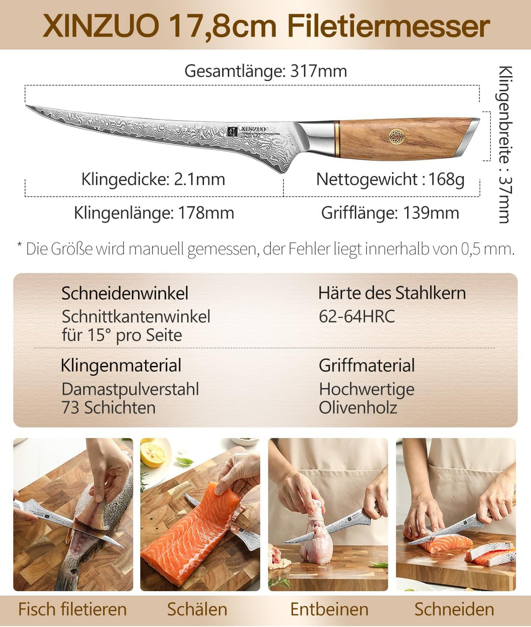 XINZUO 17,8cm Damastpulverstahl Filetiermesser, 73 Schichten Damastmesser Fischmesser Profi Kochmess