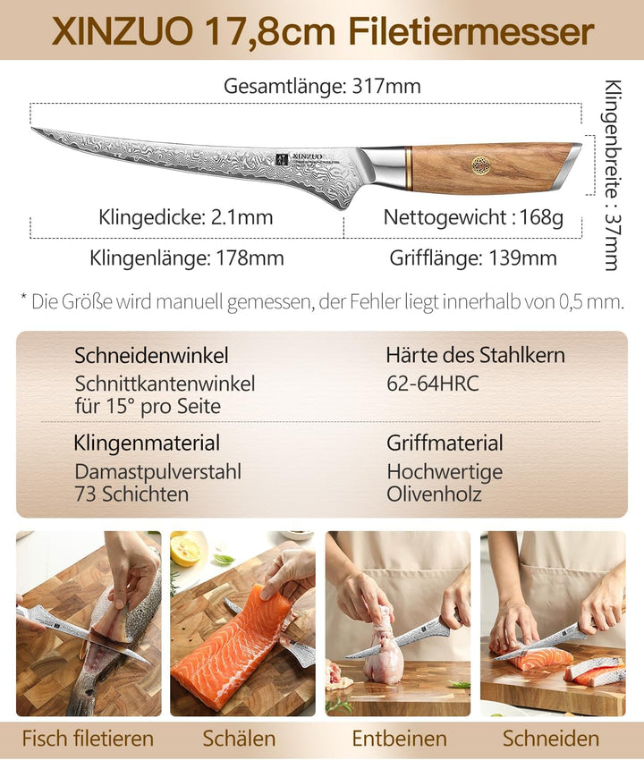 XINZUO 17,8cm Damastpulverstahl Filetiermesser, 73 Schichten Damastmesser Fischmesser Profi Kochmess