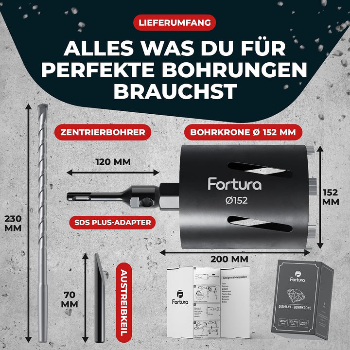 Fortura Kernbohrer/Bohrkrone Ø50-162mm / 200mm Länge/SDS Plus/Dosenbohrer/Diamantbohrkrone/Bohrkrone