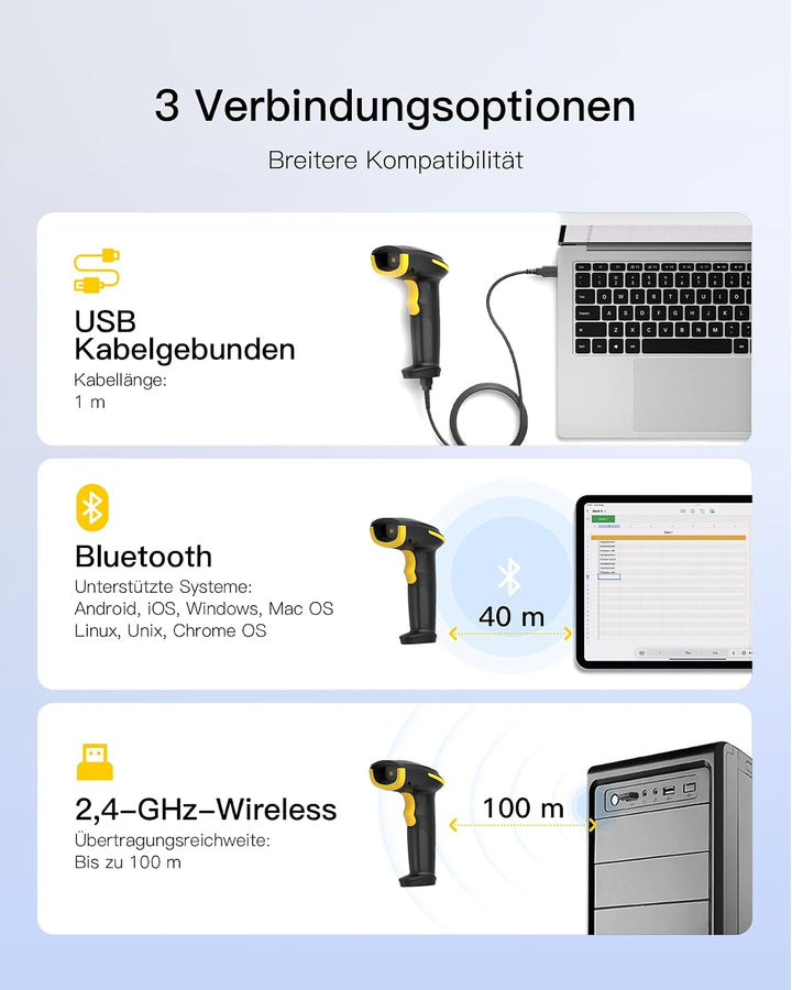 Inateck Barcode Scanner Kabellos 2D mit Display, 1D 2D QR Code Scanner