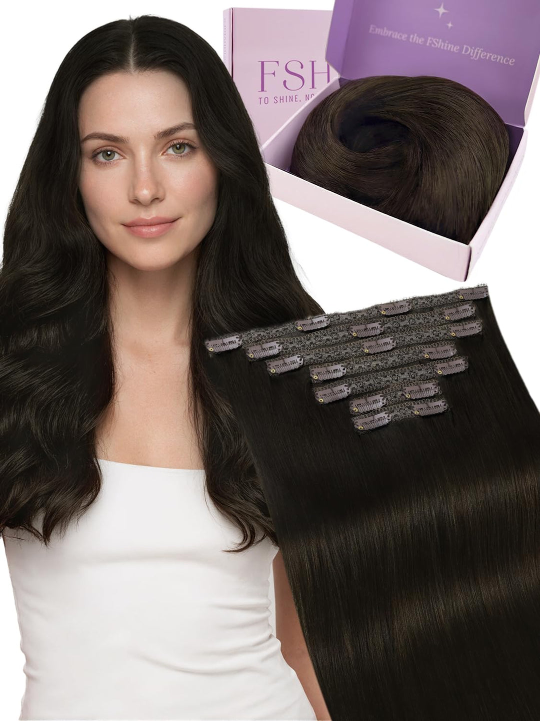 Fshine Echthaar Extensions Clip 45cm Dunkelstes Braun 120 Gramm Doppelt Tressen Haarverlängerung Rem
