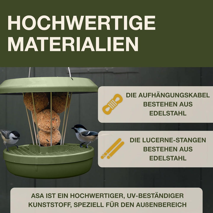 SWISSINNO Vogelfutterhaus zum Aufhängen – Lucerne SMART Birds - Meisenknödelhalter mit Auffangschale