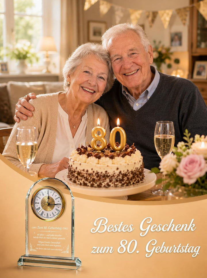 Geschenk 80. Geburtstag Frau &amp; Mann - Glas Tischuhr mit Gravur, 80. Geburtstag