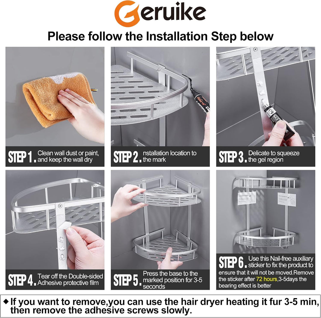 GERUIKE Duschkorb Ohne Bohren Ecke - Badezimmer Regal Silber - Duschregal Ecke Badezimmer Organizer,