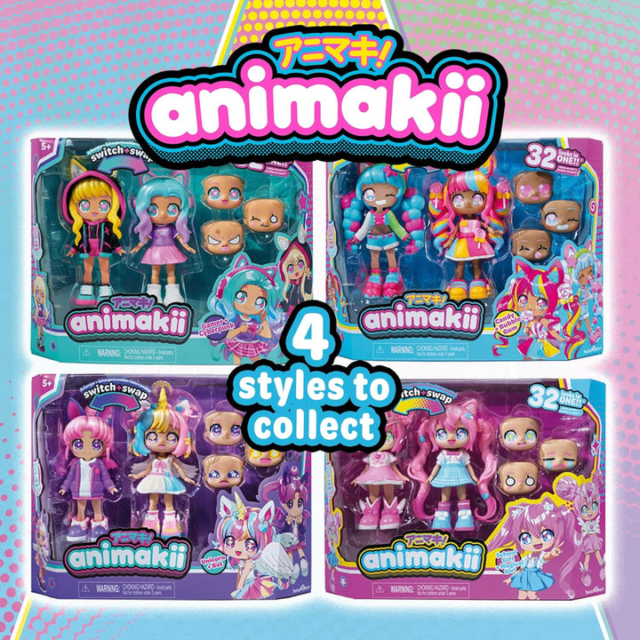 BANDAI - Animakii Cyberpunk und Gamerin - Set Personalisierbare Puppen - 1 Puppe, 4 Gesichter, 2 Fri