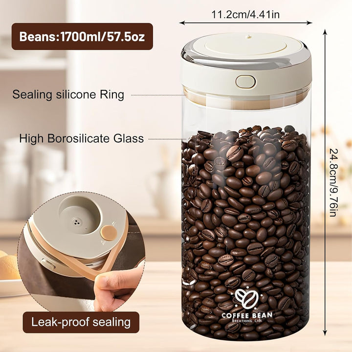 Kaffeedose Luftdicht 1700ml, Vakuum Kaffeedose aus Borosilikatglas mit CO₂-Auslassventil und Datumsa