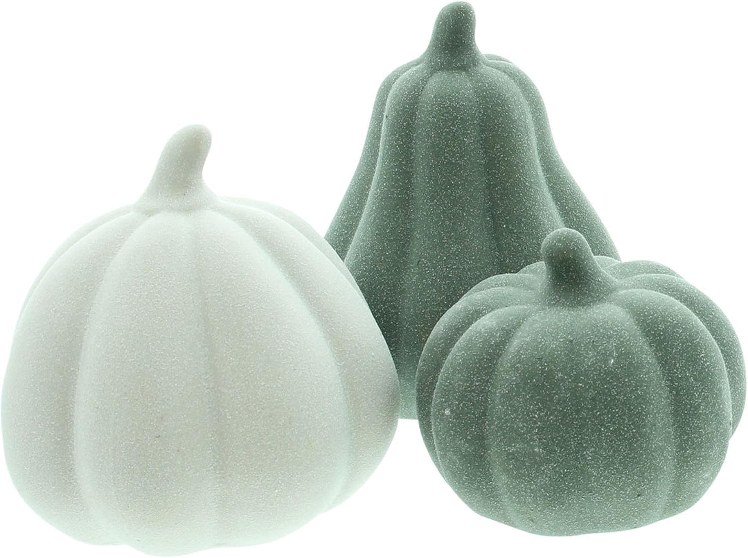 Dekoleidenschaft 3X Kürbis Terracotta in grün &amp; weiss, Dekokürbis, Herbstdeko, Halloweendeko, Dekofi