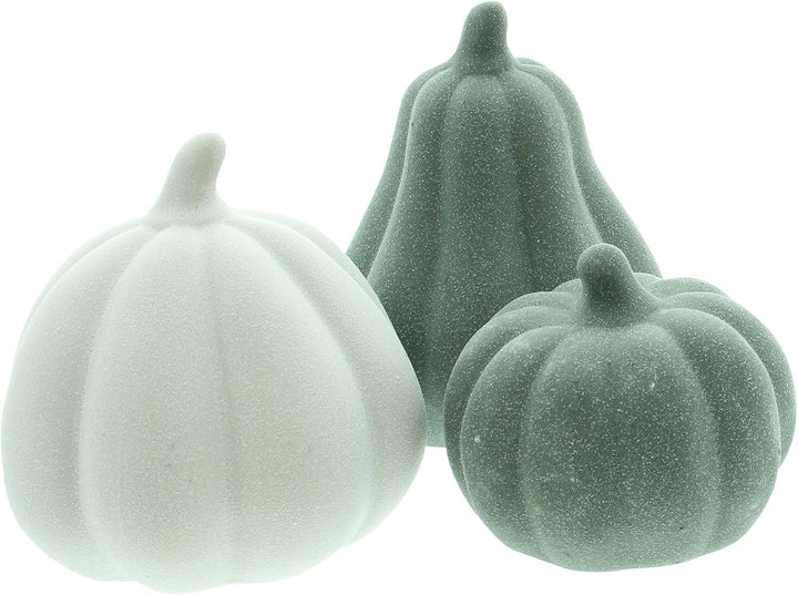 Dekoleidenschaft 3X Kürbis Terracotta in grün &amp; weiss, Dekokürbis, Herbstdeko, Halloweendeko, Dekofi