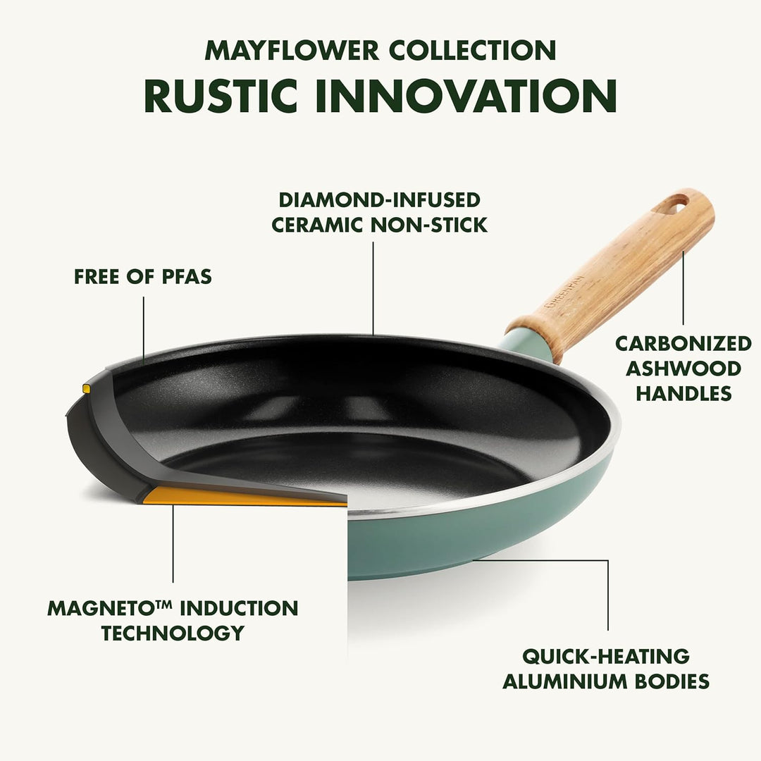 GreenPan Mayflower Gesunde Keramische Antihaft-Bratpfanne 24 cm, Vintage-Holzgriff, PFAS-frei, Induk