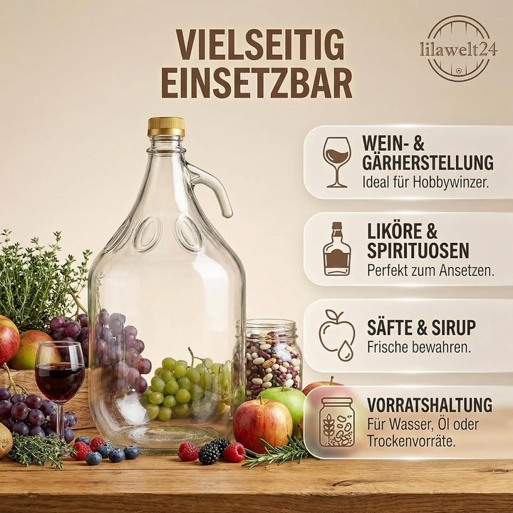 lilawelt24 6 STÜCK 5L Gärballon mit SCHRAUBVERSCHLUSS Flasche Glasballon Weinballon Glasflasche