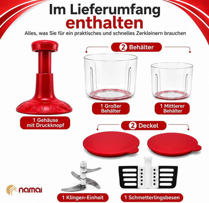 NAMAI – Zwiebelhacker Mit 5 Klingen, 2 Behältern und Mixer
