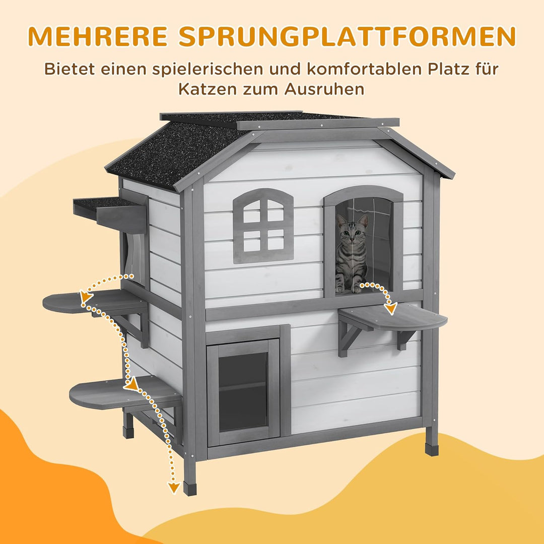 PawHut Katzenhaus aus Holz 2-Etagen Winterfest wasserdicht Katzenhütte mit Asphaltdach klappbarem De