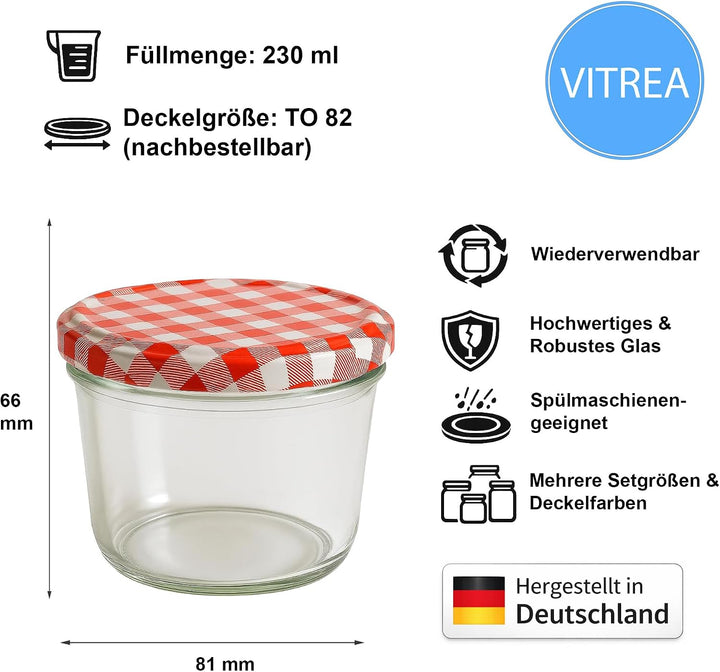 Vitrea 100x Marmeladengläser 230 ml - mit Deckel Rot Kariert TO 82 - Einmachgläser zum befüllen mit