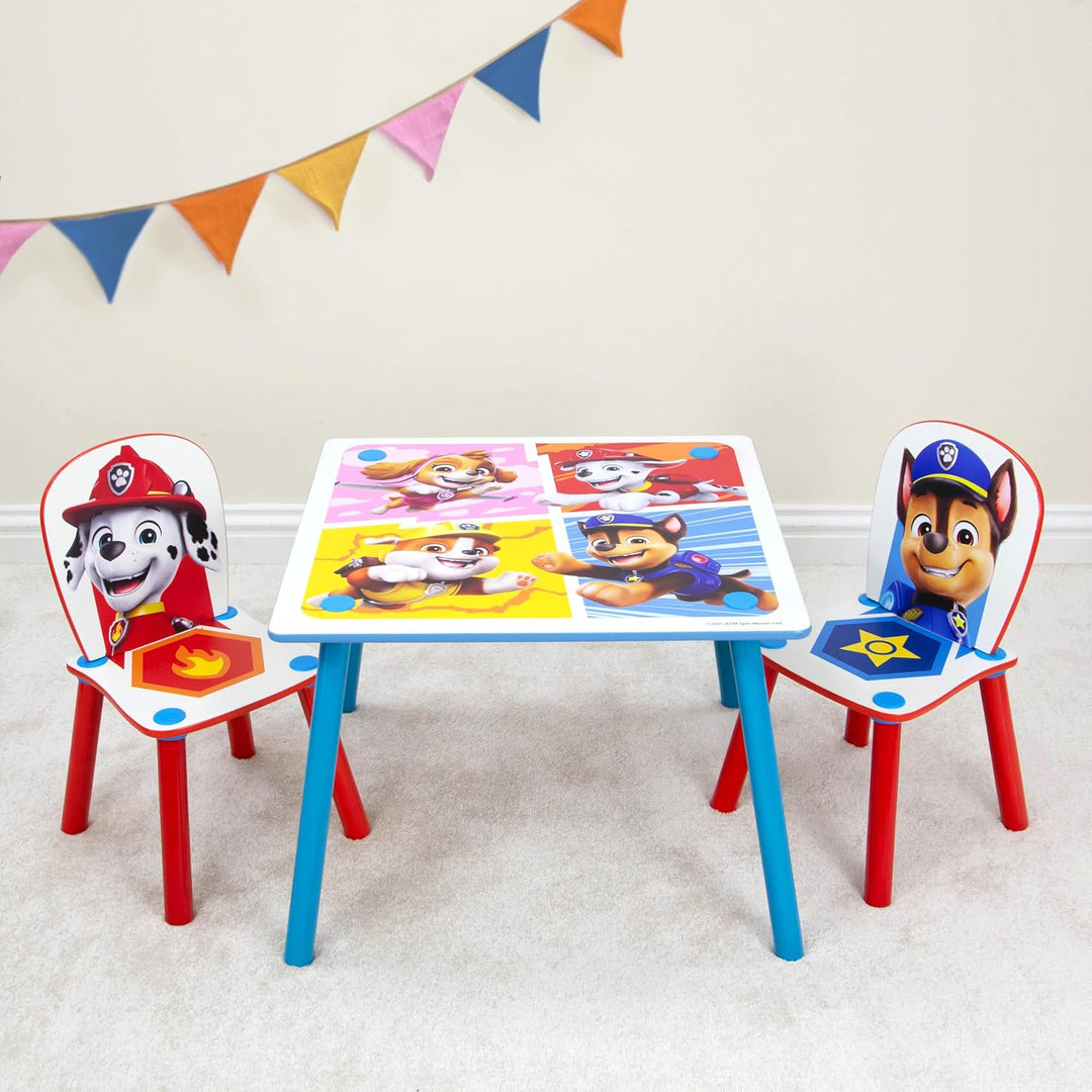Offizielles Paw Patrol Kindertisch aus Holz und 2 Stühlen, Chase Rubble, Heimmöbel, Kindertisch für