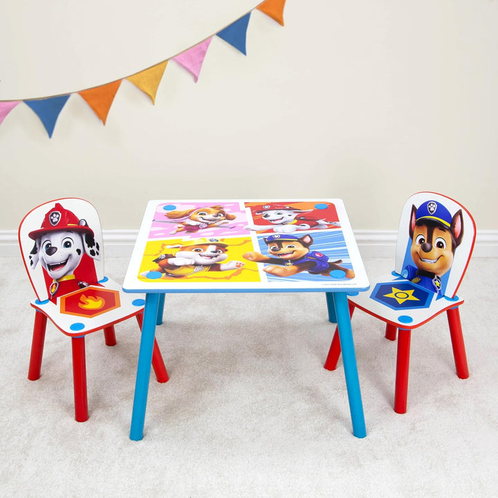 Offizielles Paw Patrol Kindertisch aus Holz und 2 Stühlen, Chase Rubble, Heimmöbel, Kindertisch für