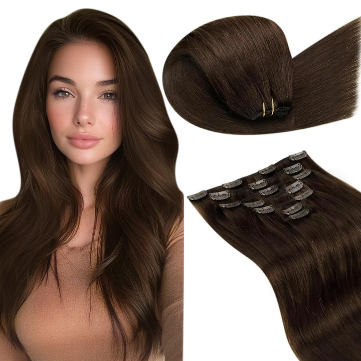 LaaVoo Extensions Clip in Echthaar Braun Echthaar Extensions Clip Dunkelbraun 45cm Doppelt Tressen H