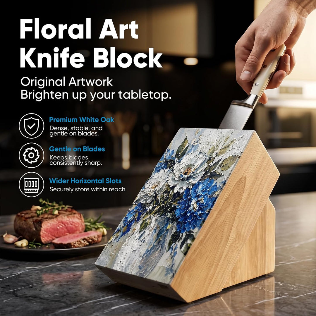 Messerblock weisser Eiche mit 14 Fächer, „Floral Oil Art“-ohne Messer