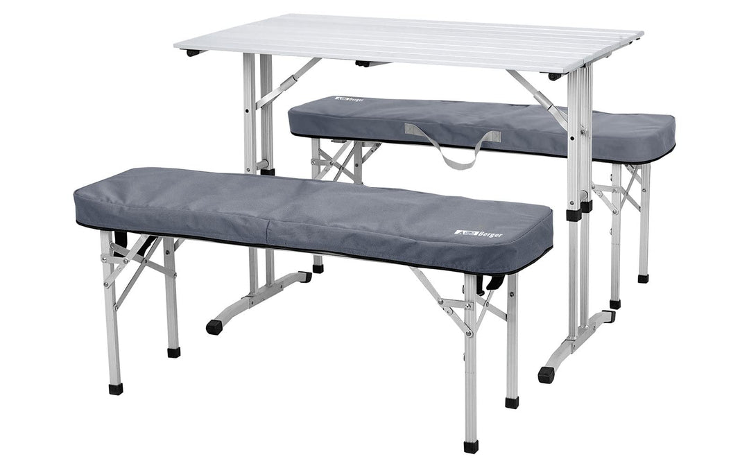 BERGER Campingtisch Set mit 2 Alu-Bänken und 2 Bankauflagen 90 x 52,5 cm | Klappmöbel Set aus Alumin