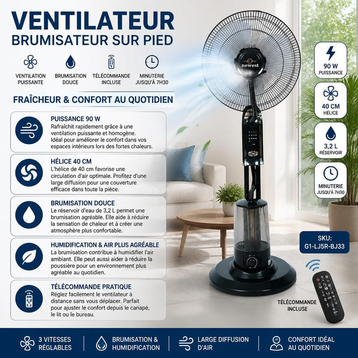Ventilator mit Zerstäuber auf Fuss, Tank 3,2 l, Fernbedienung