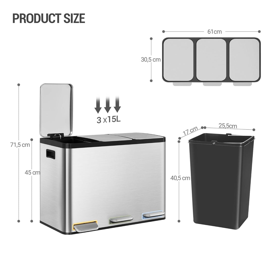 Hzuaneri Mülleimer Küche, Mülltrennsystem 3 Fächer 45L (3 x 15 L), Edelstahl-küchenmülleimer, Tretmü