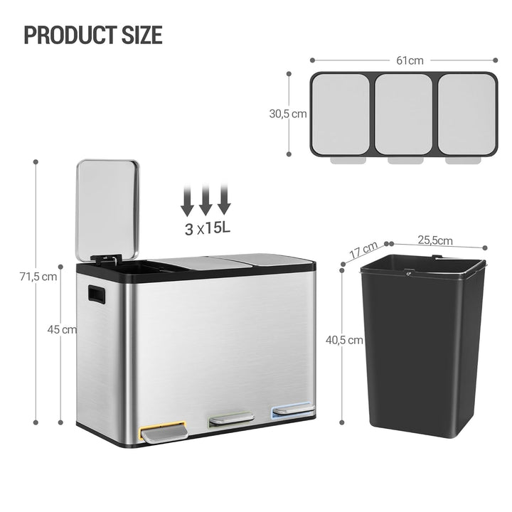 Hzuaneri Mülleimer Küche, Mülltrennsystem 3 Fächer 45L (3 x 15 L), Edelstahl-küchenmülleimer, Tretmü