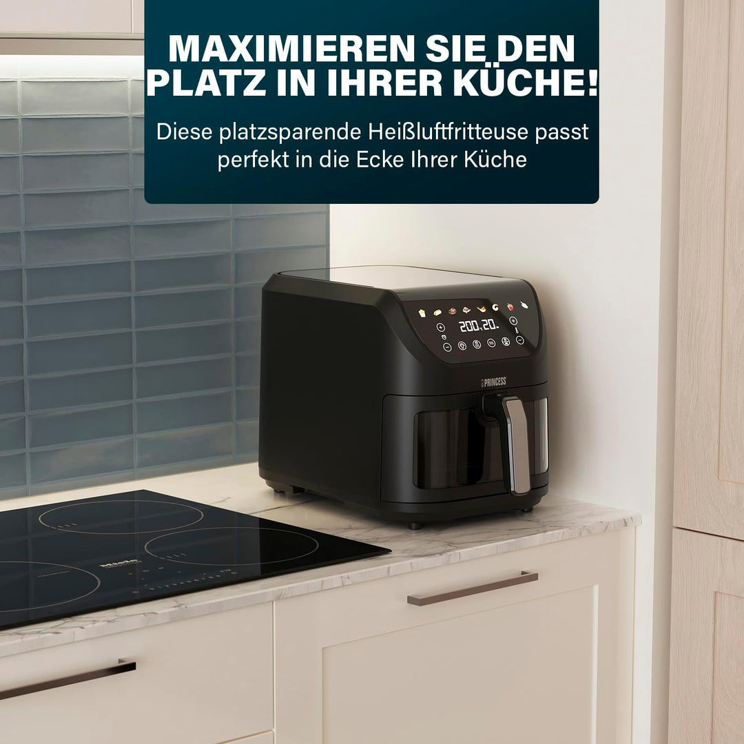 Princess SlimFry Heissluftfritteuse 8 L, platzsparend, fettfreie Kochtechnologie, 8 Programme, Sicht