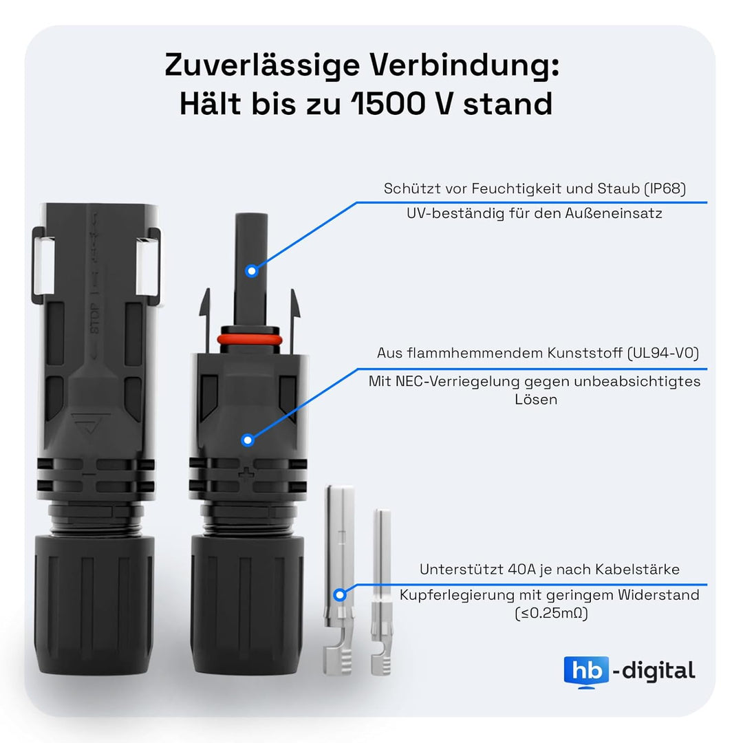 HB-DIGITAL 2x 20m 6mm² Solarkabel Verlängerungskabel Kabelpaar für Photovoltaik Anlagen H1Z2Z2-K mit