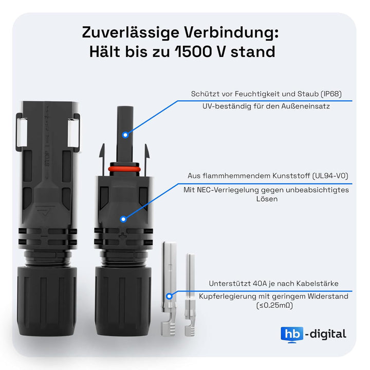 HB-DIGITAL 2x 20m 6mm² Solarkabel Verlängerungskabel Kabelpaar für Photovoltaik Anlagen H1Z2Z2-K mit