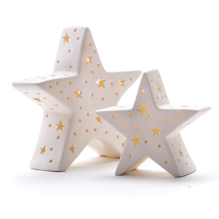 DARO DEKO Porzellan Stern weiss mit LED im Set L + XL