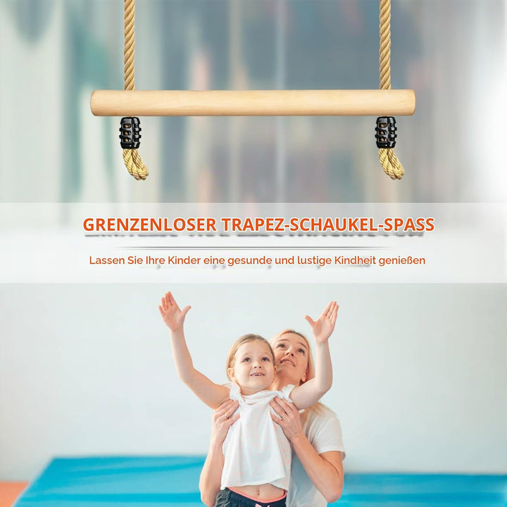 Trapez Schaukel, Trapezstange Holz mit Höhenverstellbaren Seil Schaukelstange aus Holz Kinderschauke