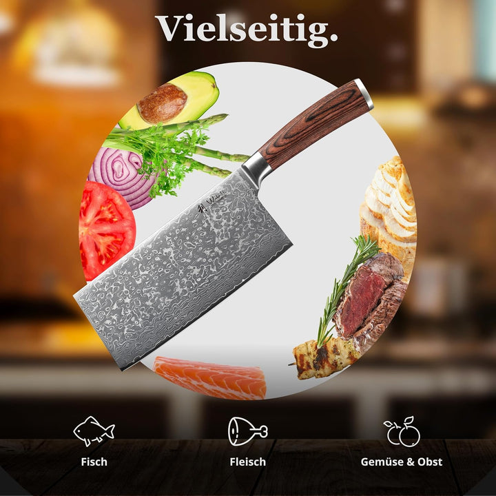 Wakoli EDIB Sakura Hackmesser 19 cm | Damast Hackbeil &amp; Kochmesser aus 67 Lagen mit VG10 Kern, robus