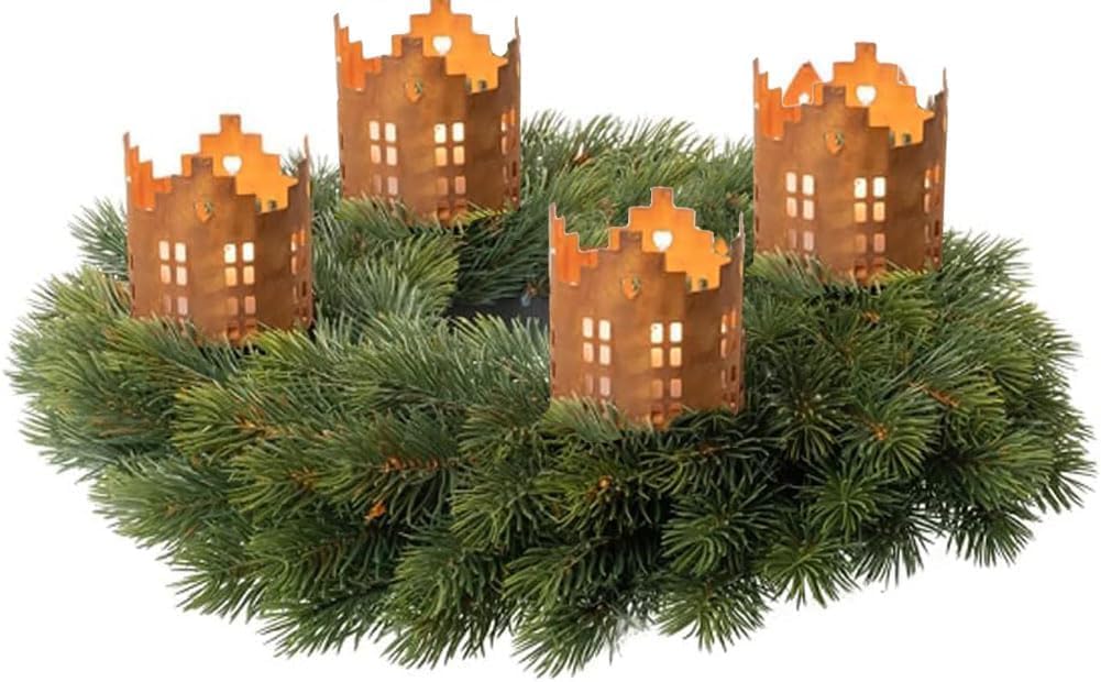 LB H&amp;F 4er Set Adventskranzstecker HÄUSER Deko Kerzenhalter Advent Rost Metall Weihnachten KERZENSTE