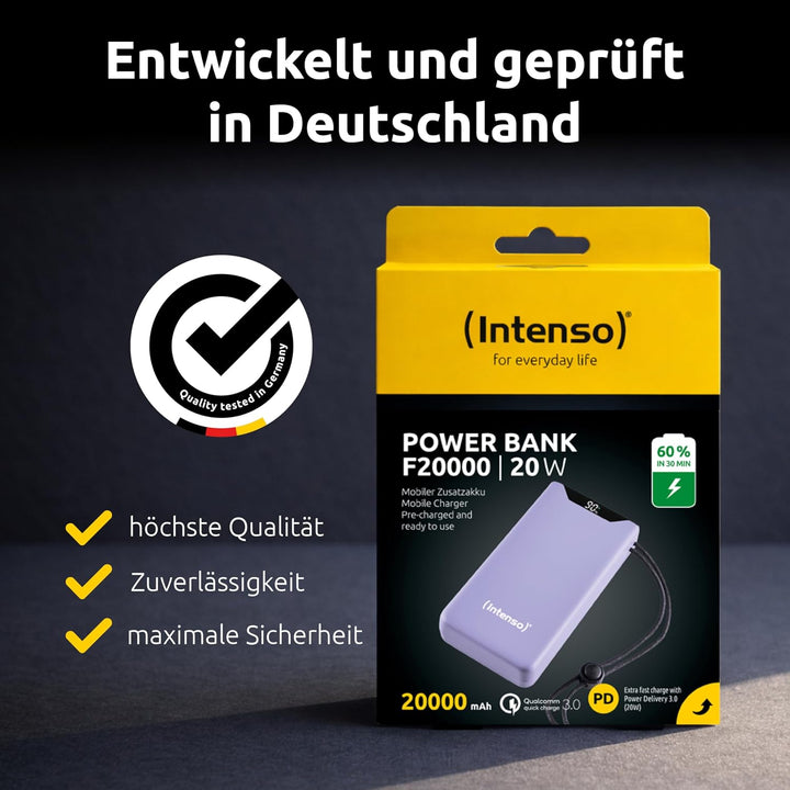 Intenso F20000 Powerbank 20000 mAh - 20W Schnellladegerät USB-C &amp; USB-A 20000 mAh Lila, 20000 mAh Li