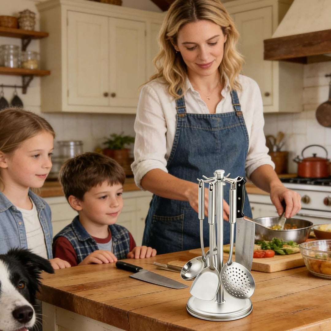 Rotating Utensil Holder, 8 Hook Organizer, 360 Degree Counter Rack with Compact Build, Kitchen Tool