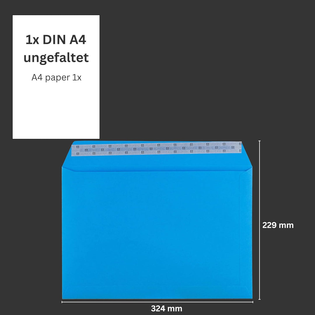 50 Stück, Farbige Briefumschläge, DIN C4, Haftklebung mit Abziehstreifen, Gerade Klappe, 130 g/qm Co