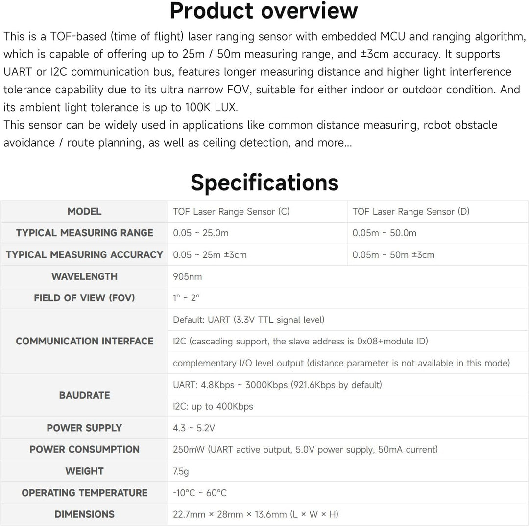 Waveshare TOF (time of Flight) Laser Range Sensor, UART / I2C / IO Communication Support, 50m Measur