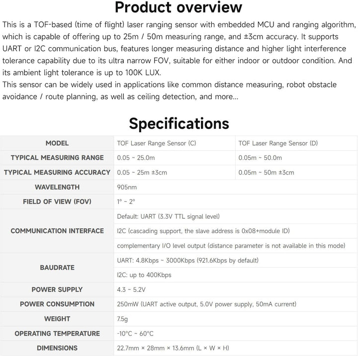 Waveshare TOF (time of Flight) Laser Range Sensor, UART / I2C / IO Communication Support, 50m Measur