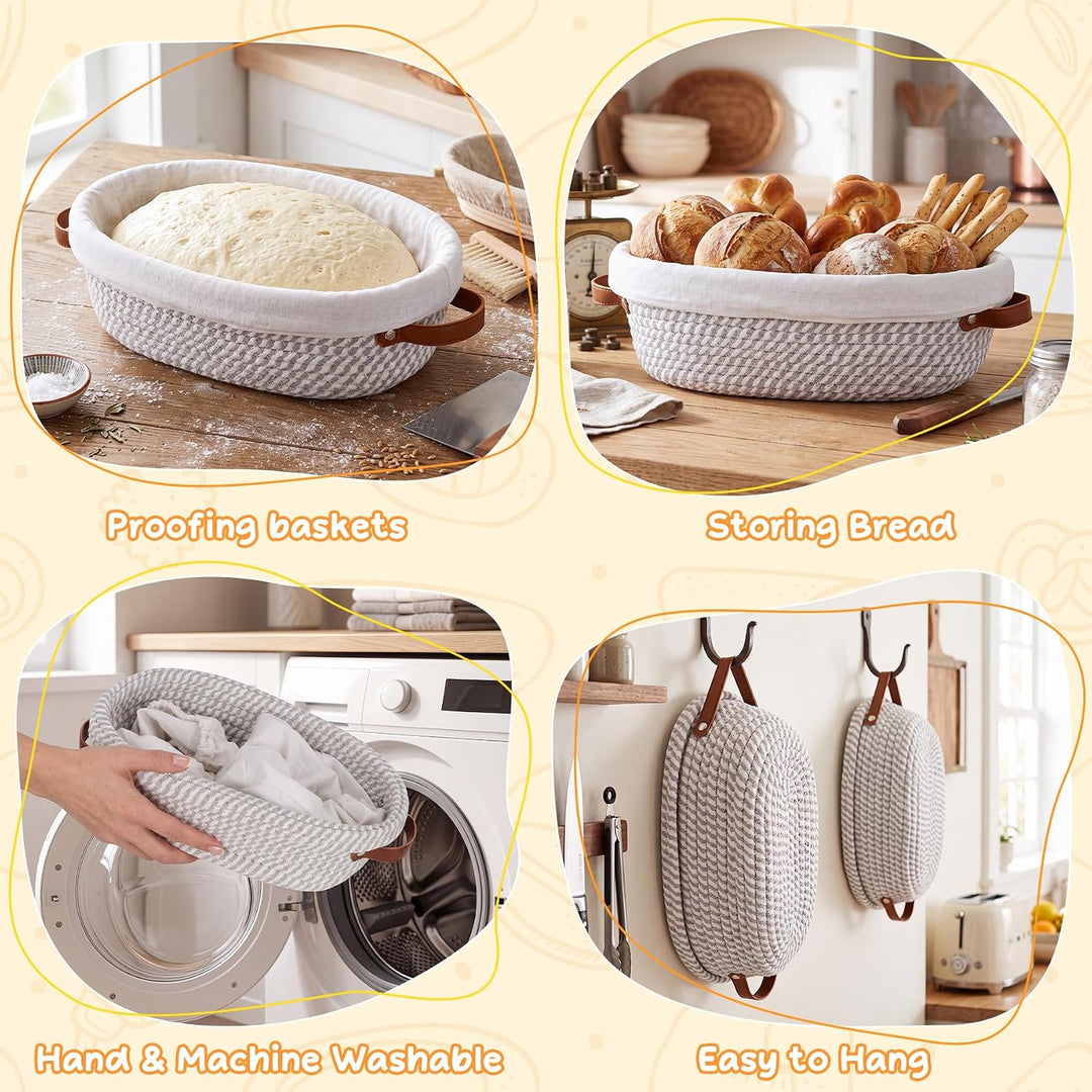30cm Gärkörbchen Ovalen mit Liner &amp; Abdeckungen, Baumwollseil Gärkörbe Sauerteig Starter Set für Tei