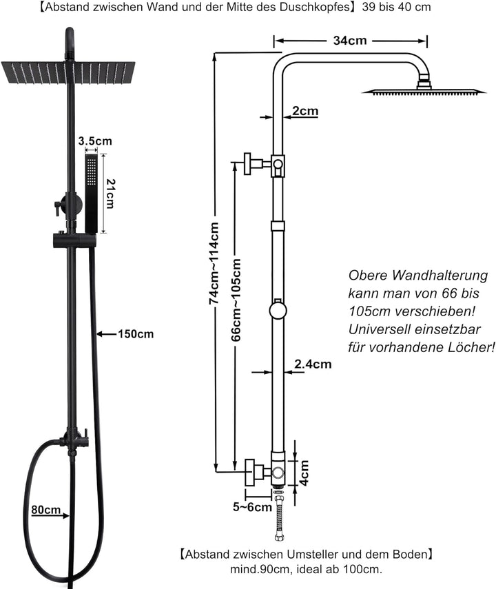 JOHO XXL EdelstahlDuschset Duschsystem Duschstange mit Kopfbrause 30x30cm Matt schwarz 3030MB, 3030M