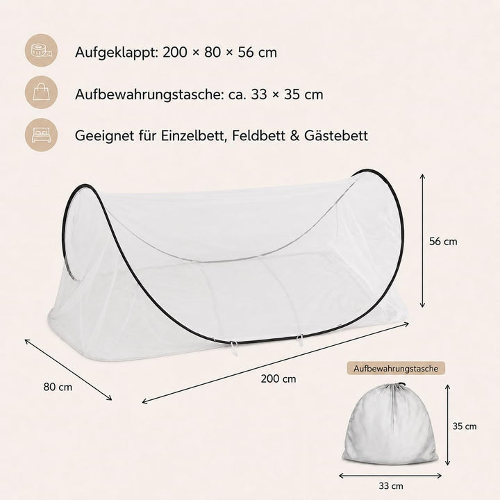 Moskitonetz Bett Pop Up mit Boden und Reissverschluss, verstellbar 90x200cm