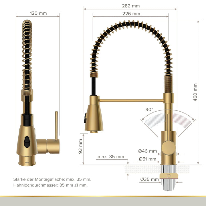Lenz Küchenarmatur KALANI² in Gold-Optik – Pendelbrause mit 2 Strahlarten &amp; 360° schwenkbarer Bogena