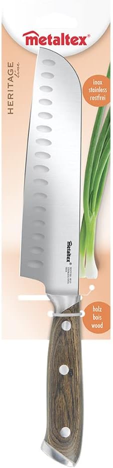 Cuchillo Santoku Línea HERITAGE de Metaltex con mango de madera y hoja enteriza de 18 cm