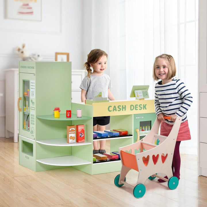 DREAMADE Kasse Kaufladen Kinder, Kaufmansladen Holz mit realistischer Kasse &amp; Verkaufsautomat, Spiel