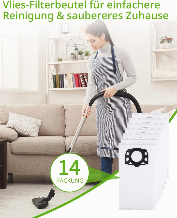 14 Stück KFI 357 Staubsaugerbeutel für Kärcher WD2 WD3 KWD1 KWD2 KWD3 WD3.200 - WD3.800 M/SE4001/SE4