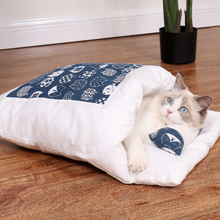 Halbgeschlossener Katzenschlafsack, selbstwärmendes Katzennestbett, Haustiermatte, Teppich mit Kisse