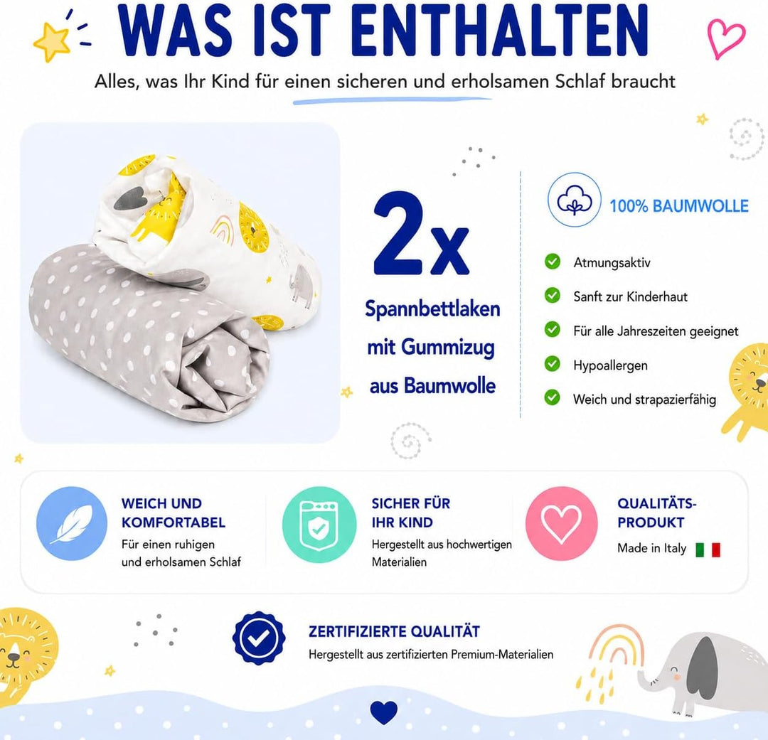 FlyIdeas 2 Spannbettlaken für Babybett Kinderbett 140x70 cm 100% Reine und Sanft Baumwolle Zertif |
