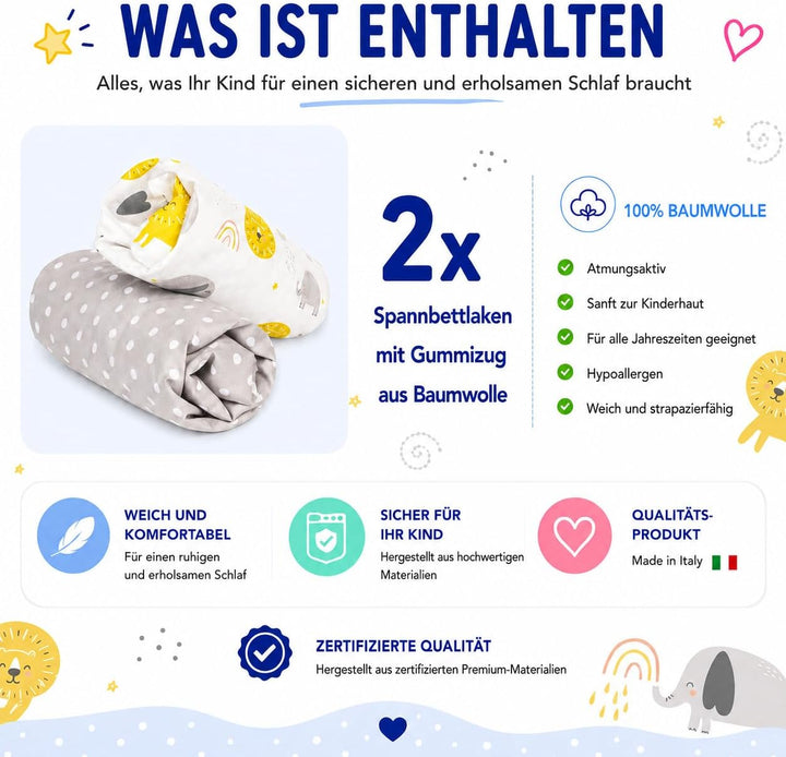 FlyIdeas 2 Spannbettlaken für Babybett Kinderbett 140x70 cm 100% Reine und Sanft Baumwolle Zertif |