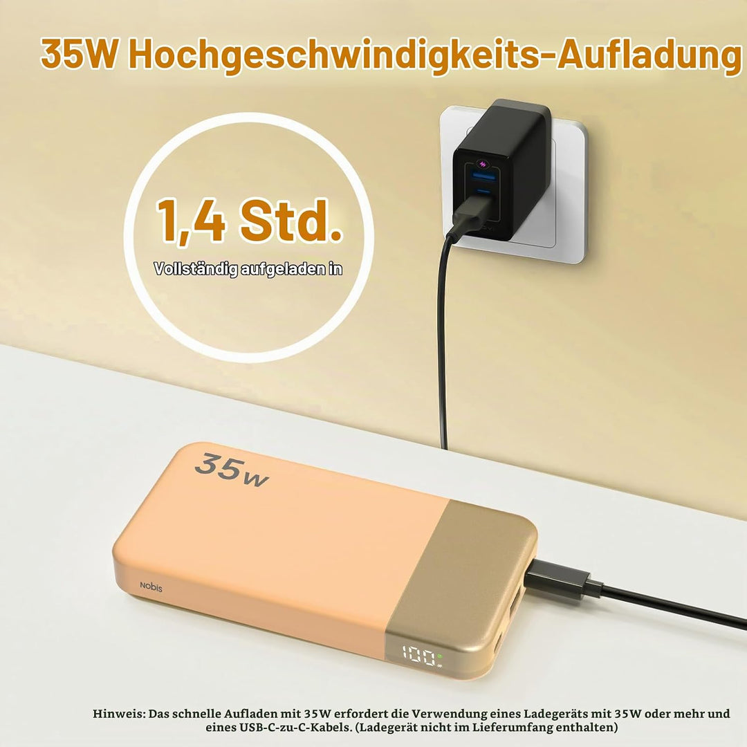 NOBIS 35W Power Bank 10000mAh, Externer Akku Mit Digitalanzeige Orange, Orange