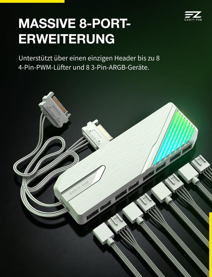 EZDIY-FAB FH01 8-Port ARGB PWM Fan Hub Controller,Duale SATA-Kabel,Weiss, Weiss