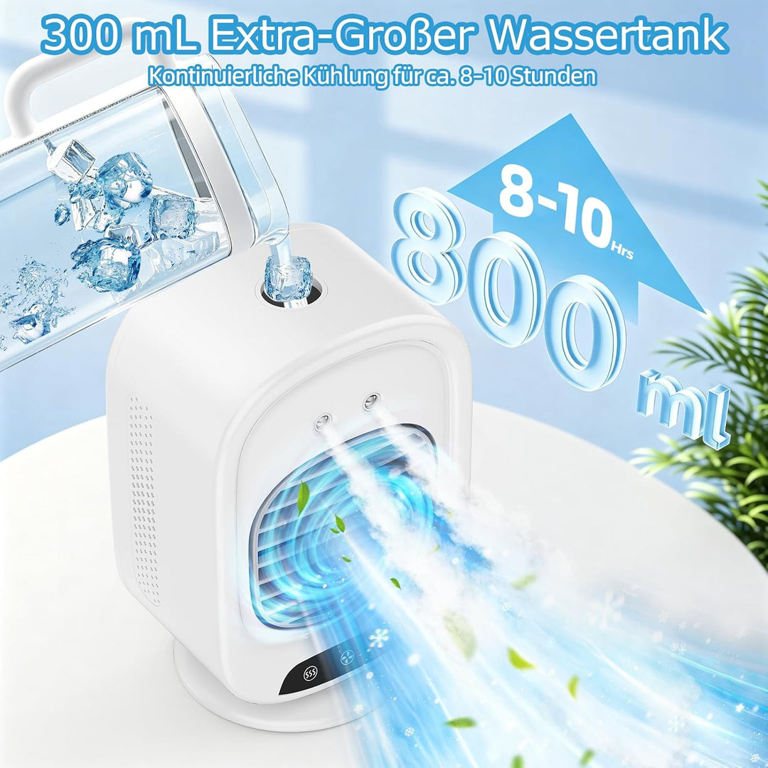 Mobile Klimaanlage, Mini Luftkühler mit 300mL Wassertank, 3 Geschwindigkeiten, 2 Sprühmodus, Mobil K